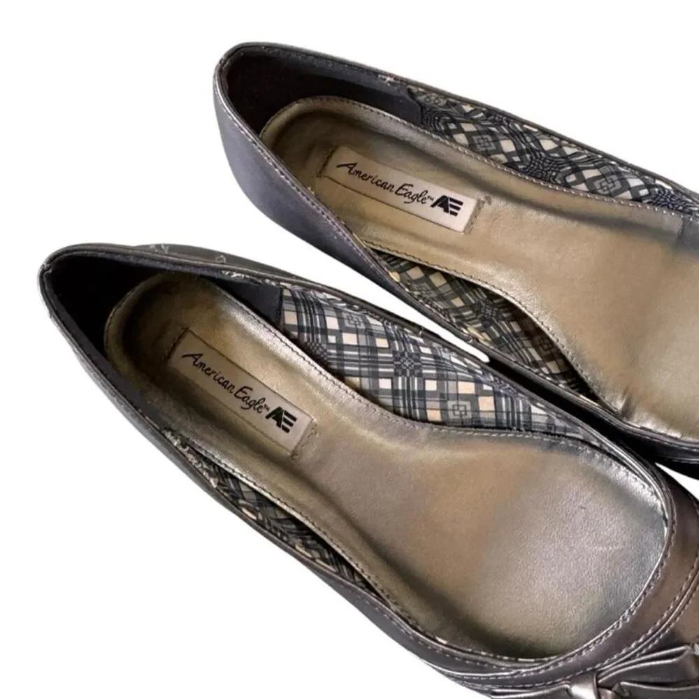 Y2K Deadstock American Eagle metallic ballet flats bow detail, size US 6.5W